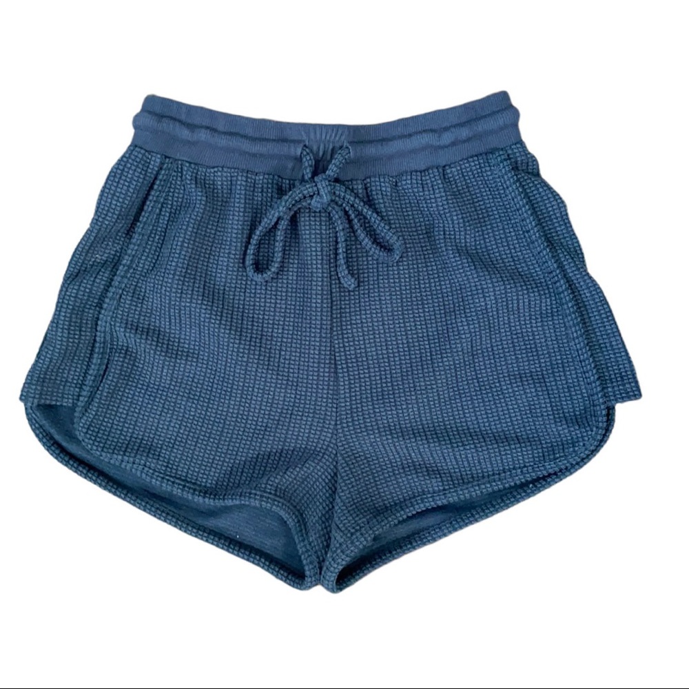 Le Lis Dark Gray Slate Blue Waffle Textured Drawstring Shorts